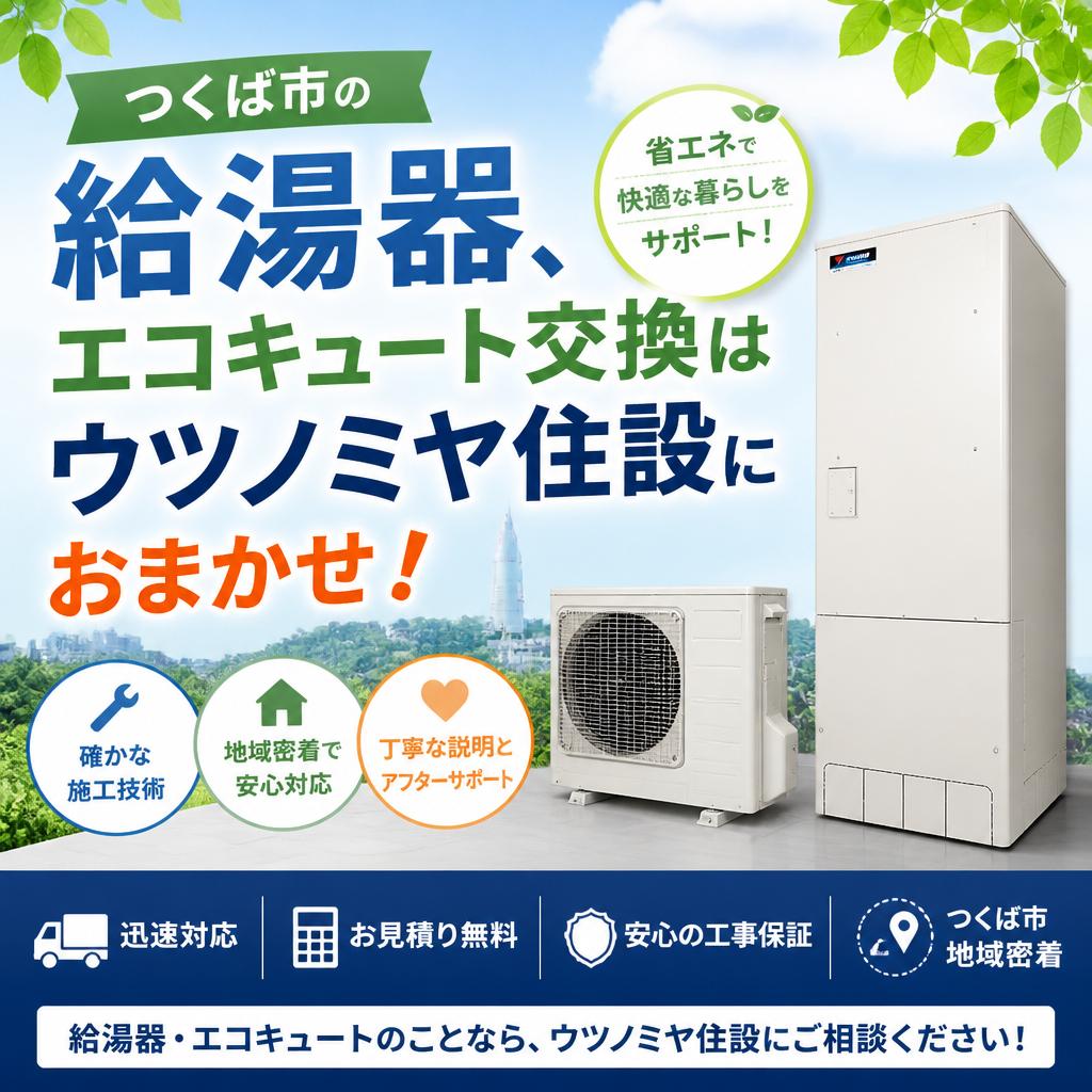 つくば市の給湯器、エコキュート交換はウツノミヤ住設におまかせ！