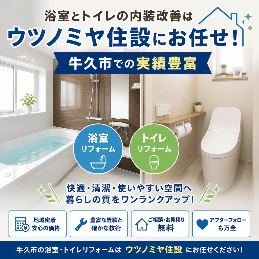「浴室とトイレの内装改善はウツノミヤ住設にお任せ！牛久市での実績豊富」
