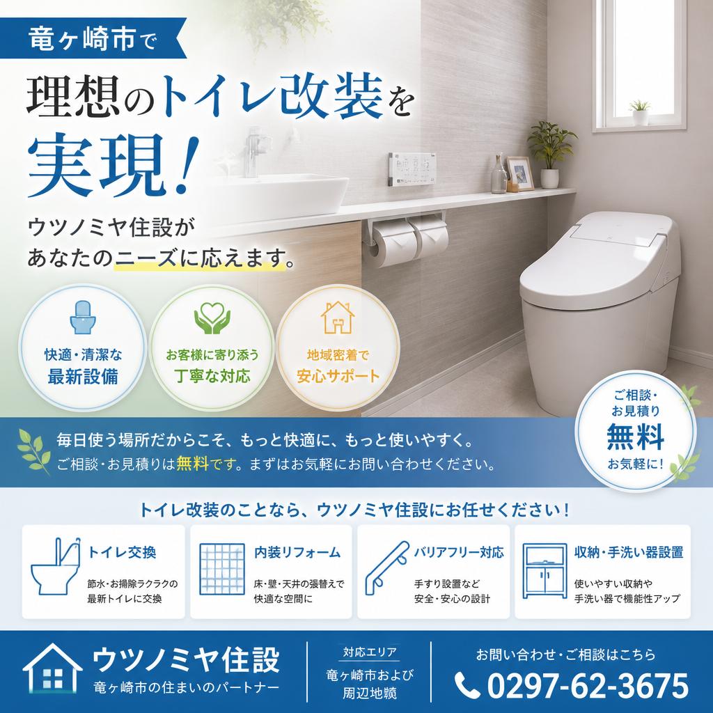 竜ヶ崎市で理想のトイレ改装を実現！ウツノミヤ住設があなたのニーズに応えます。